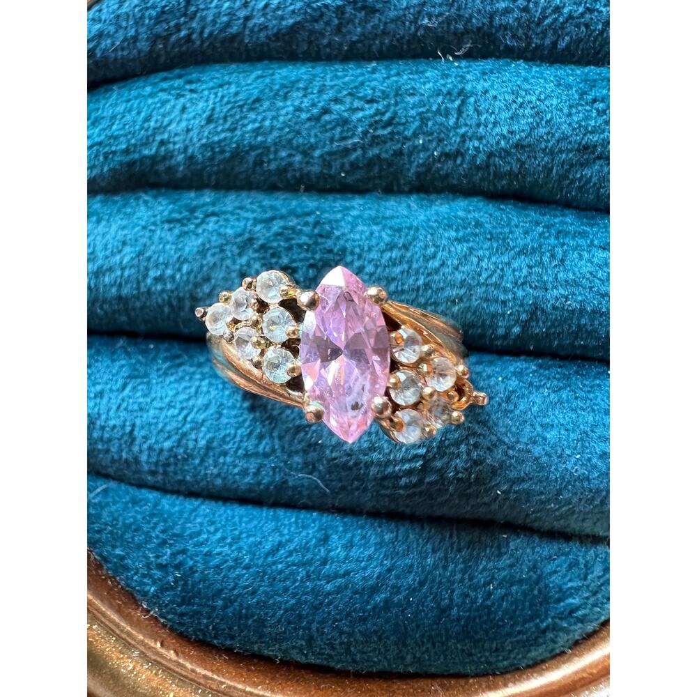 Vintage Pink CZ Cocktail Ring Size 5 DAC Signed Cluster Gold Tone 1980s